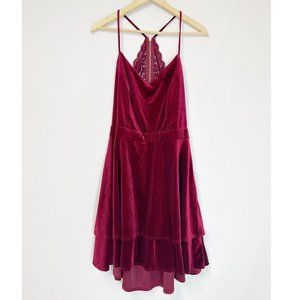 B. Darlin Spaghetti Strap V-Neck Lace Back Velvet Sheath Juniors Dress Wine xl